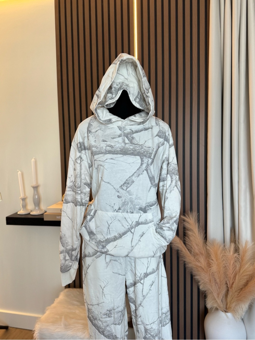 Gray & White Marble-Print Hoodie Set